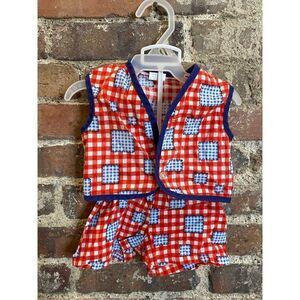Vintage 60s Lee Mar Playwear Red/blue Patchwork Picnic Blanket Plaid Two-Piece B